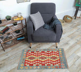 Flat Weave Kilim Antique Navaho Vintage handmade Geometric Kilim Red Blue Hand-Woven Rectangle 100% Wool Area Rug 2x2